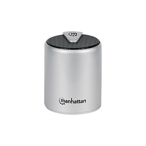 Zylinderförmiger silberner Bluetooth-Lautsprecher der Marke Manhattan auf weißem Hintergrund.