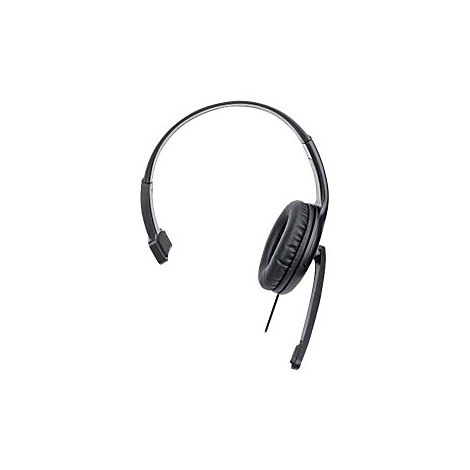 Schwarzes einseitiges Headset mit weichem Ohrpolster und verstellbarem Mikrofonarm vor weißem Hintergrund.