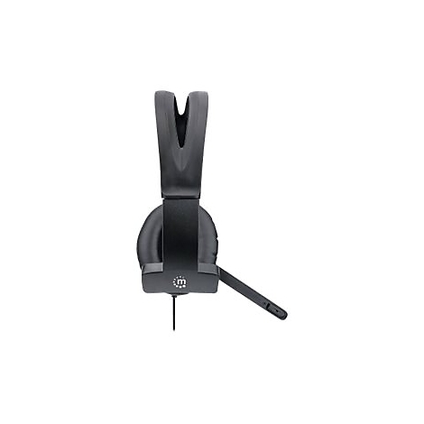 Schwarzes Headset in Seitenansicht mit gepolstertem Bügel und Mikrofonarm vor weißem Hintergrund.