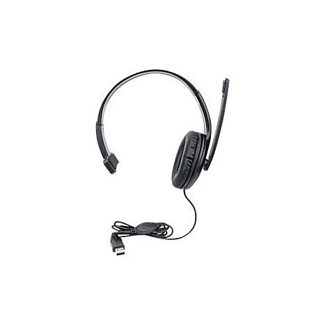 Schwarzes On-Ear-Headset mit verstellbarem Mikrofonarm und USB-Anschluss vor weißem Hintergrund.