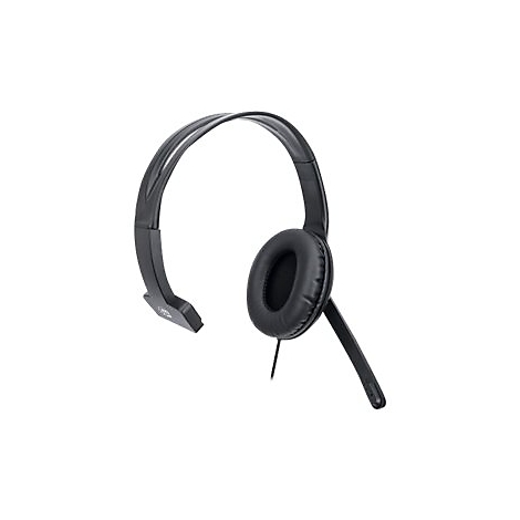 Schwarzes einseitiges Headset mit gepolsterter Ohrmuschel und verstellbarem Mikrofonarm vor weißem Hintergrund.