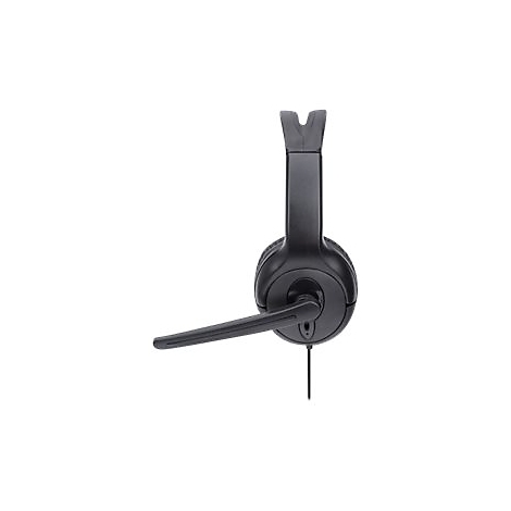 Schwarzes On-Ear-Headset mit verstellbarem Mikrofonarm, Seitenansicht vor weißem Hintergrund.
