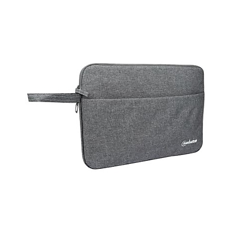 Graue Laptoptasche aus Textil mit Reißverschluss und seitlicher Trageschlaufe auf weißem Hintergrund.