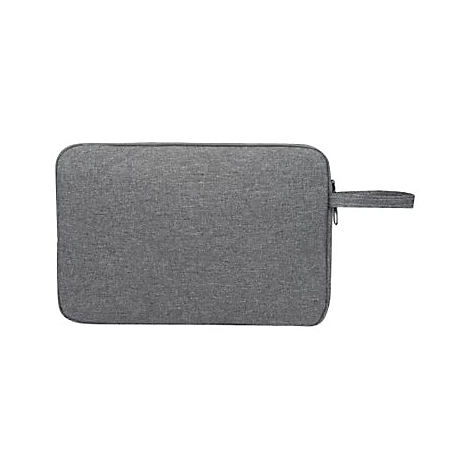 Graue Laptoptasche im Querformat mit Trageschlaufe vor weißem Hintergrund.