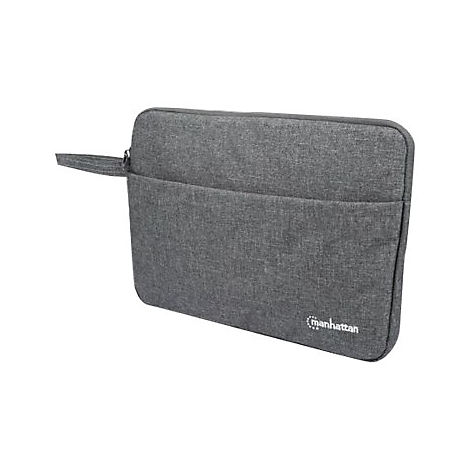 Graue Laptoptasche mit Reißverschluss und Manhattan-Logo auf weißem Hintergrund.
