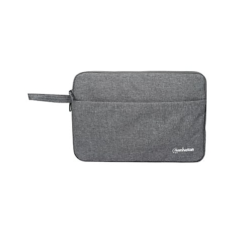 Graue Laptoptasche mit Reißverschluss und Manhattan-Logo auf einem neutralen weißen Hintergrund.