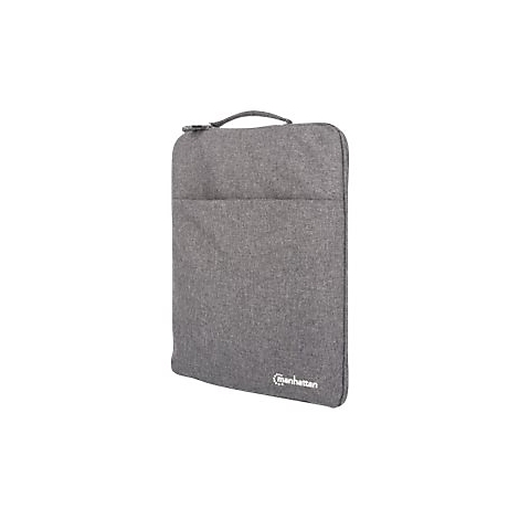 Graue Laptoptasche mit Tragegriff und Manhattan-Logo auf weißem Hintergrund.