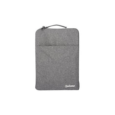 Graue Laptoptasche mit Tragegriff und Manhattan Logo vor weißem Hintergrund.