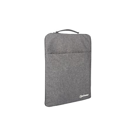 Graue Laptoptasche mit Tragegriff und Manhattan-Logo auf weißem Hintergrund.