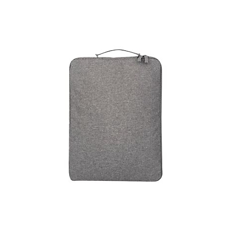 Graue Laptoptasche im Hochformat mit Tragegriff und Reißverschluss vor weißem Hintergrund.