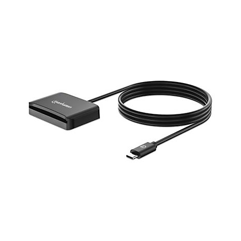 Schwarzer Kartenleser mit Kabel und USB-C-Anschluss vor weißem Hintergrund.