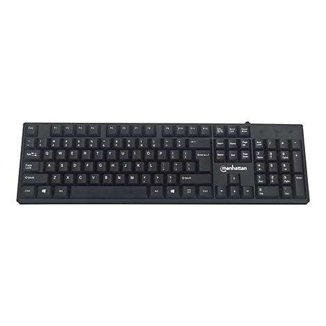 Schwarze Manhattan Tastatur mit Standard-QWERTY-Layout auf weißem Hintergrund.