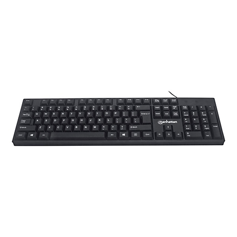 Schwarze Manhattan-Tastatur mit QWERTZ-Layout und Ziffernblock vor weißem Hintergrund.