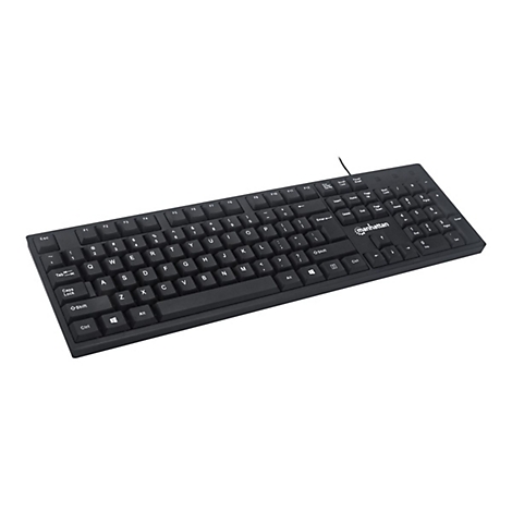 Schwarze Manhattan Tastatur mit QWERTZ-Layout auf weißem Hintergrund.