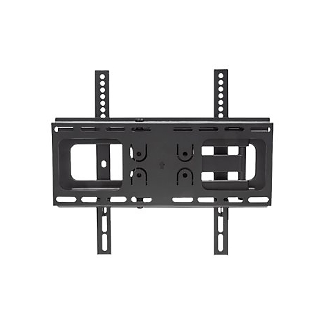 Schwarze, schwenkbare Wandhalterung für Fernseher vor weißem Hintergrund.