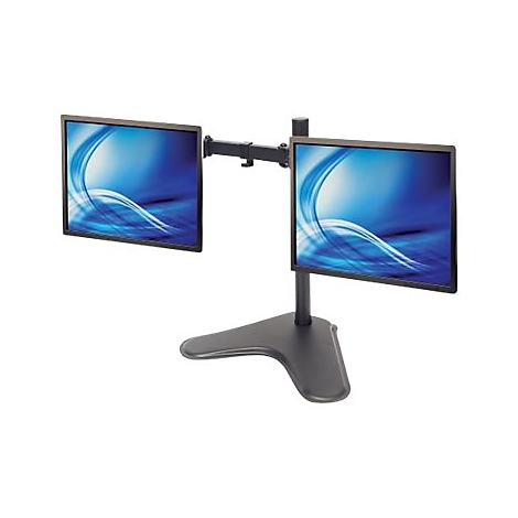 Doppel-Monitorhalterung mit Standfuß, zwei Bildschirme mit blauer Grafik vor neutralem Hintergrund.