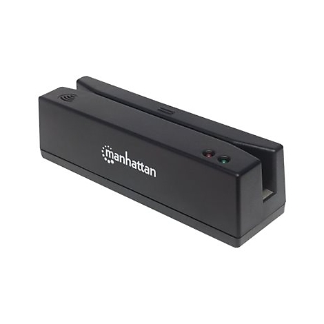 Schwarzer Manhattan Magnetkartenleser mit zwei Status-LEDs und Logo auf der Vorderseite.
