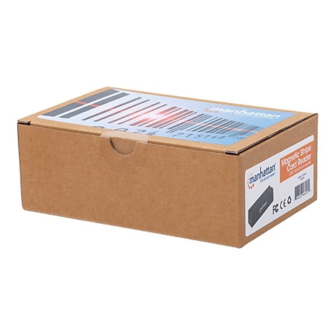 Ein brauner Pappkarton des Manhattan Magnetic Stripe Card Readers auf weißem Hintergrund.