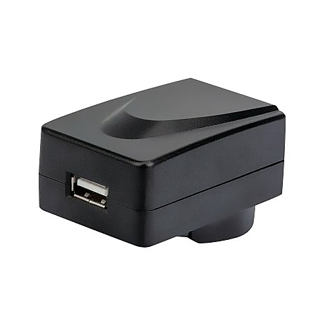 Schwarzer USB-Netzsteckeradapter mit glatter Oberfläche auf weißem Hintergrund.