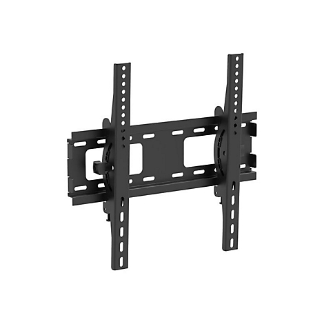 Schwarze, neigbare TV-Wandhalterung aus Metall vor weißem Hintergrund.