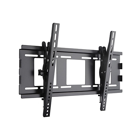 Schwarze, neigbare TV-Wandhalterung aus Metall vor weißem Hintergrund.