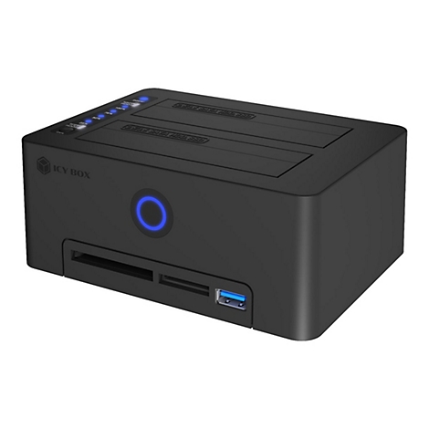 Schwarze ICY BOX Festplatten-Dockingstation mit LED-Anzeigen und USB-Anschluss.