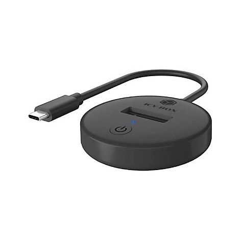 Runder, schwarzer USB-Hub mit USB-C-Anschluss. Oben steht „ICY BOX“.
