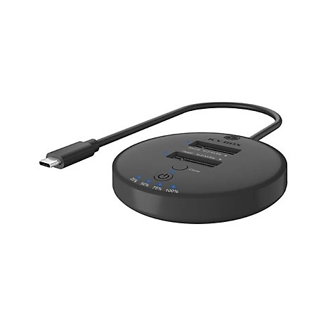 Schwarzer USB-C-Hub mit zwei SD-Karten-Slots und Power-Button. Blaue LEDs zeigen Ladestatus an.