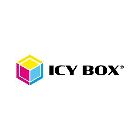 Logo von Icy Box mit einem Würfel in den Farben Gelb, Magenta und Cyan neben dem Schriftzug in Schwarz.