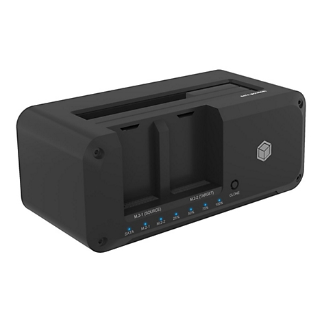 Schwarzer Festplatten-Duplikator mit blauen LEDs und Beschriftungen. Aufschrift: SATA, M.2-1, M.2-2, 25%, 50%, 75%, 100%, CLONE.