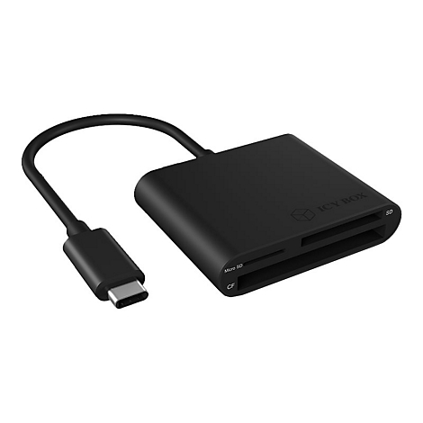 Lecteur de carte mÃ©moire noir avec connecteur USB-C. ICY BOX est Ã©crit en haut, en dessous deux fentes pour cartes avec les inscriptions Micro SD et CF.