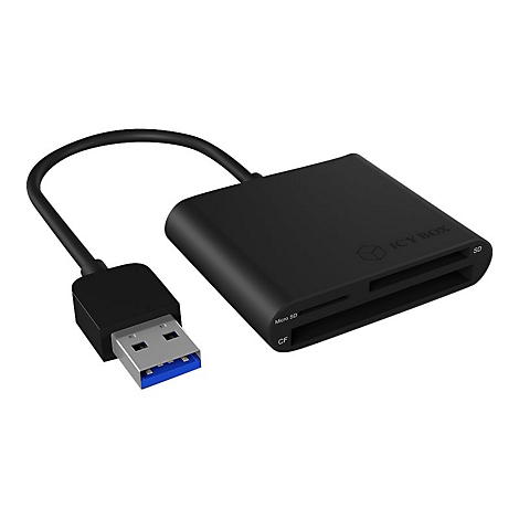 Lecteur de cartes noir avec connexion USB et les connexions : SD, Micro SD et CF.