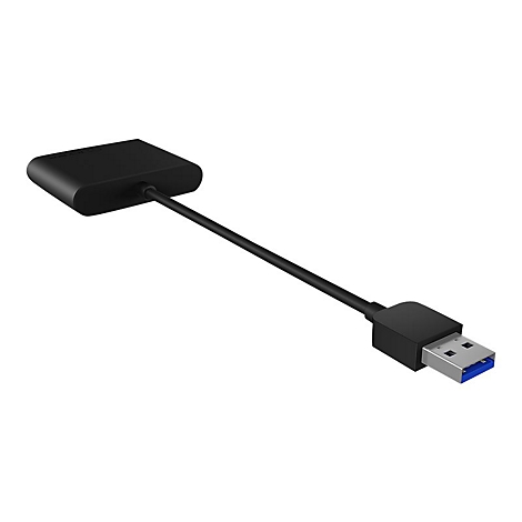 Schwarzer USB-Adapter mit rechteckigem Anschluss. Rechteckiger Block, Kabel, und USB-Stecker mit blauem Kern.