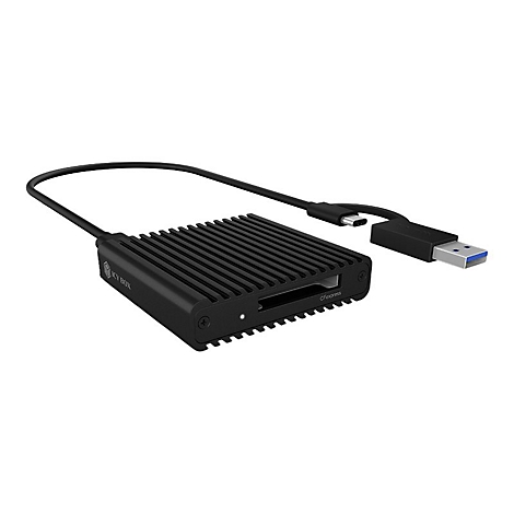 Schwarzer Kartenleser mit geriffelter Oberfläche, angeschlossen an USB- und USB-C-Kabel. Auf der Seite steht 'ICY BOX' und 'CFexpress'.