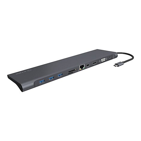 Graue USB-C Dockingstation mit verschiedenen AnschlÃ¼ssen und einem Kabel.