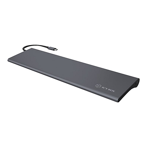 Grauer USB-C-Hub mit abgerundeter Ecke, schwarzem Kabel und Logo von Icy Box.