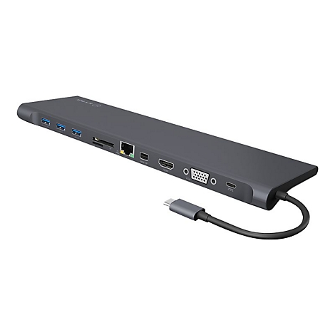 Graue Dockingstation mit AnschlÃ¼ssen. Sie hat ein angeschlossenes USB-C-Kabel.