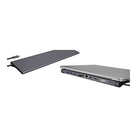 Graue Laptop-Dockingstation mit mehreren AnschlÃ¼ssen, neben einem Laptop.