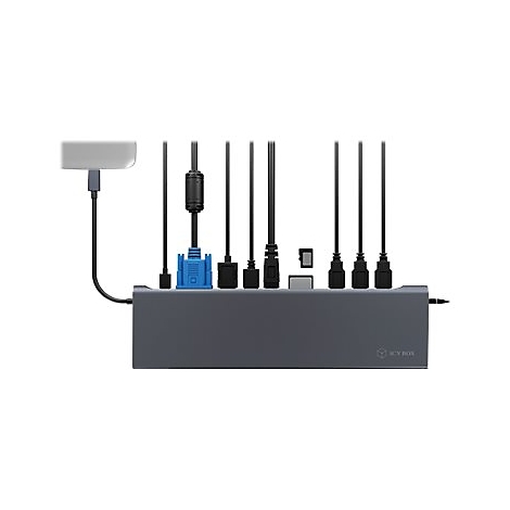 Grauer Hub mit Kabeln unterschiedlicher AnschlÃ¼sse. Daran ein VGA-Stecker und ein graues USB-C-Teil.