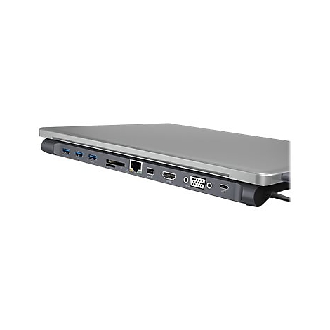 Graue Laptop-Dockingstation mit verschiedenen AnschlÃ¼ssen wie USB, HDMI, Ethernet und weiteren.