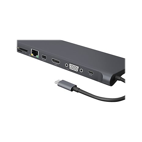 Ein grauer USB-C-Docking-Adapter mit verschiedenen AnschlÃ¼ssen, mit angeschlossenem Kabel.