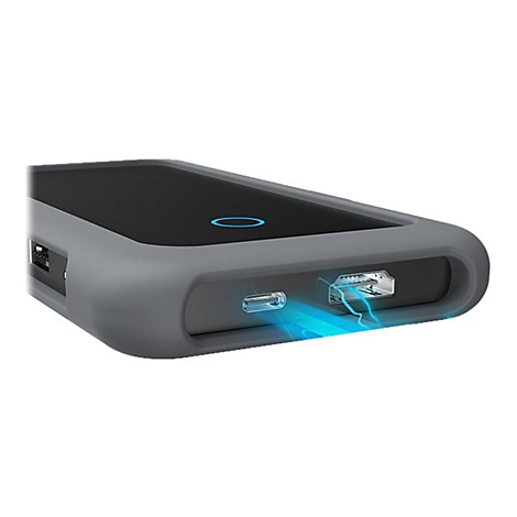 Graue Festplatte mit USB- und USB-C-Anschlüssen, Detailaufnahme. Blau leuchtende Akzente.