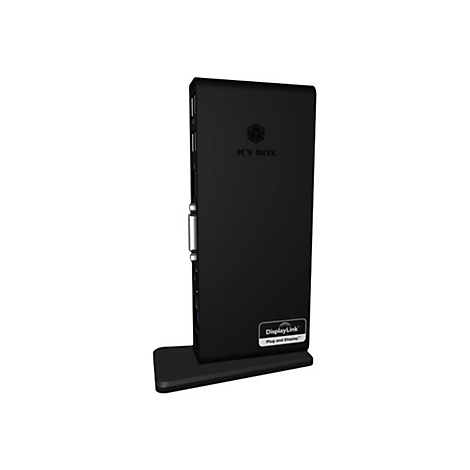 Un appareil rectangulaire noir posÃ© sur une petite base. Il y a un logo et l'inscription ICY BOX sur le devant. Un autocollant DisplayLink est visible en bas.