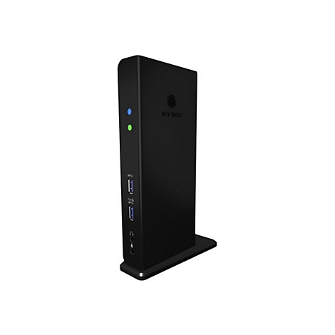 Station d'accueil noire avec voyants bleus et verts, ports USB et logo.