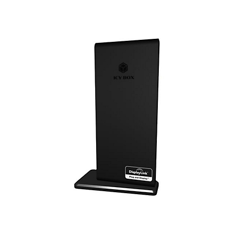 Adaptateur Icy Box rectangulaire noir posÃ© sur une base. L'adaptateur porte l'inscription 'Icy Box' et 'DisplayLink'.