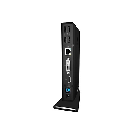Station d'accueil noire avec diffÃ©rents ports, comme USB, HDMI, DVI et Ethernet, sur fond blanc.