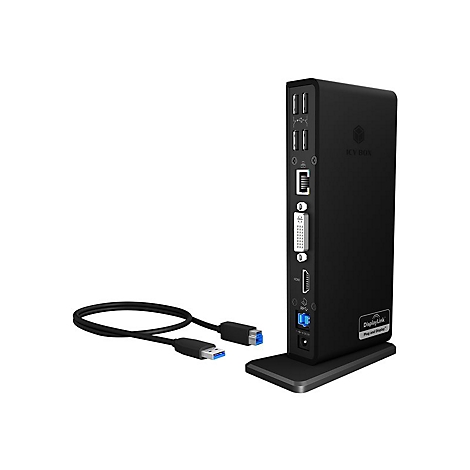 Station d'accueil noire avec cÃ¢ble USB, debout sur une base. Divers ports sont visibles. Logo DisplayLink.