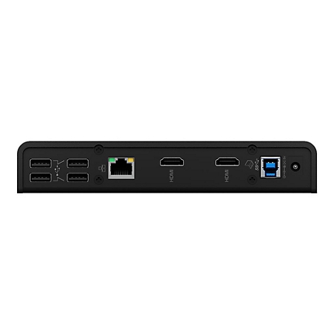 Station d'accueil noire, vue arriÃ¨re avec divers ports : USB, HDMI, Ethernet.