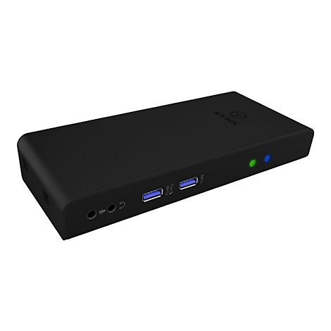 Station d'accueil rectangulaire noir avec ports USB et voyants.