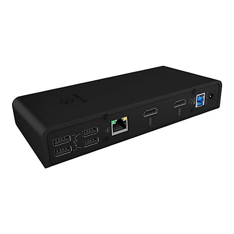 Station d'accueil noire avec divers ports comme USB et HDMI. Il y a un logo sur le dessus.